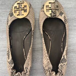 Tory Burch Beige Snake Print Flats with Gold Logo
